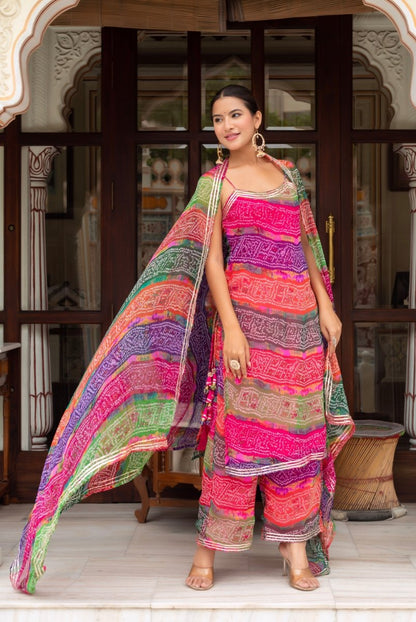 Women's Gulabi Galiyan Multicolor Georgette Bandhej Gota Patti Kurta Set