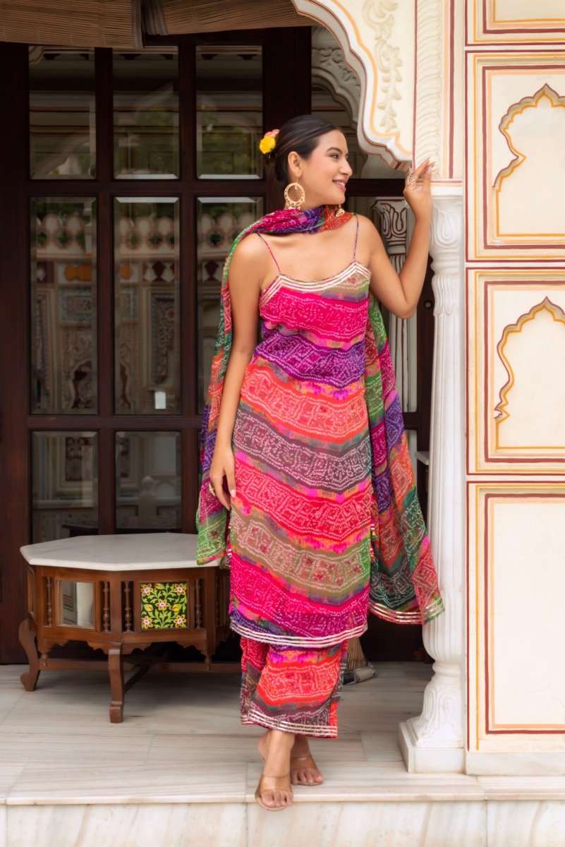 Women's Gulabi Galiyan Multicolor Georgette Bandhej Gota Patti Kurta Set
