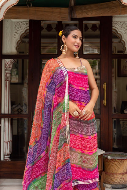 Women's Gulabi Galiyan Multicolor Georgette Bandhej Gota Patti Kurta Set