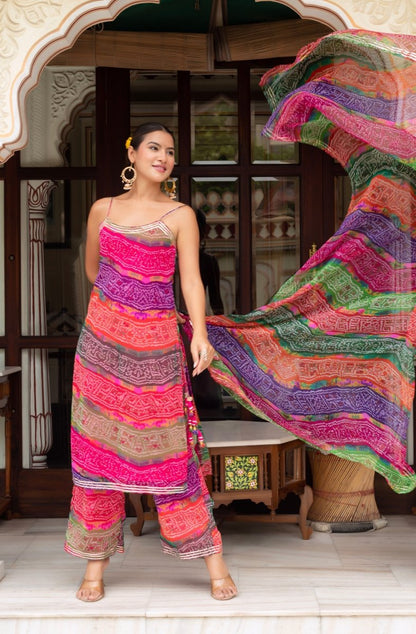 Women's Gulabi Galiyan Multicolor Georgette Bandhej Gota Patti Kurta Set