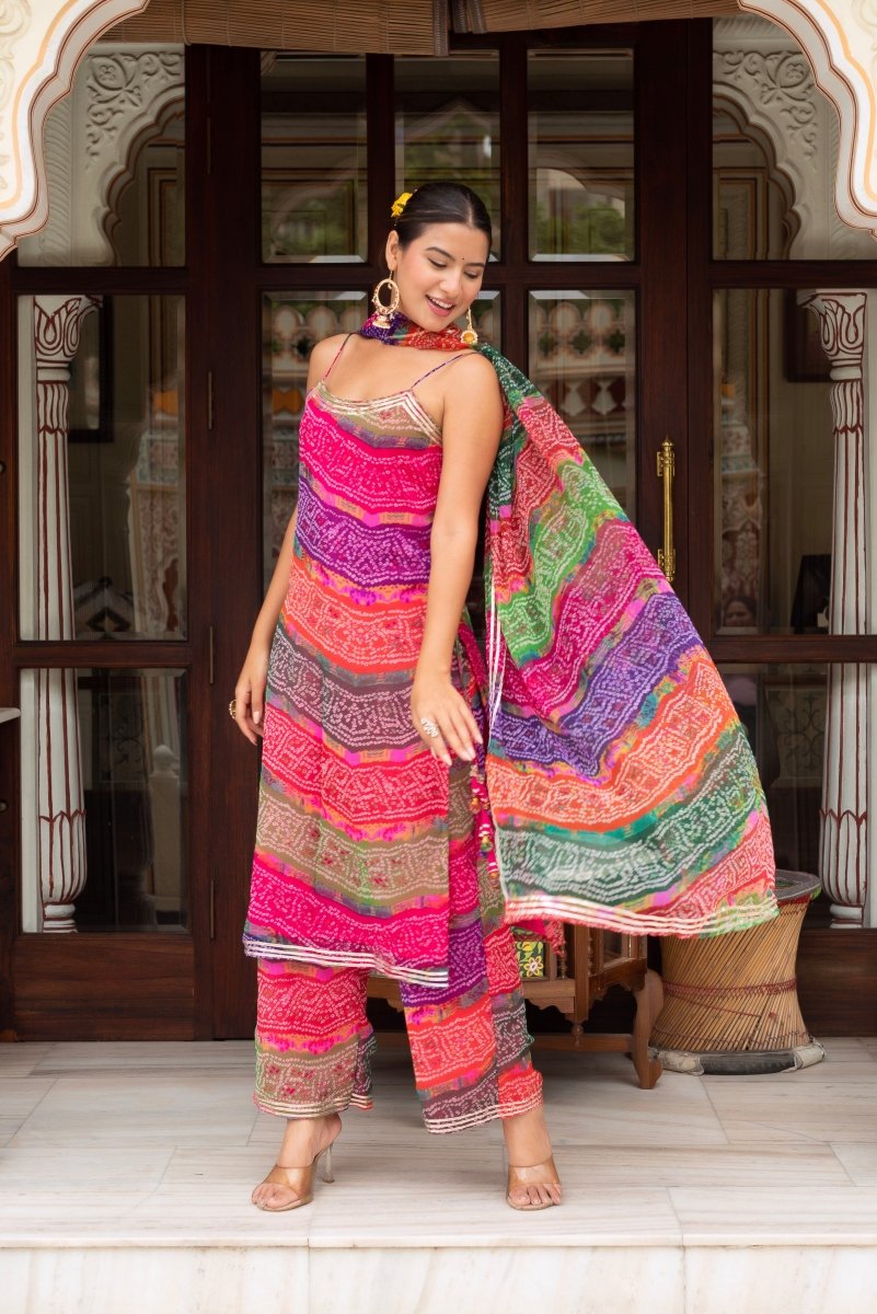 Women's Gulabi Galiyan Multicolor Georgette Bandhej Gota Patti Kurta Set