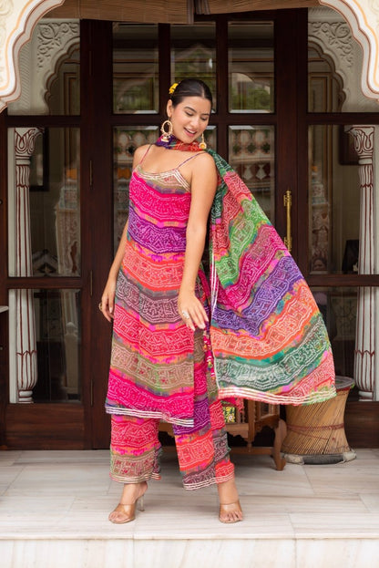 Women's Gulabi Galiyan Multicolor Georgette Bandhej Gota Patti Kurta Set
