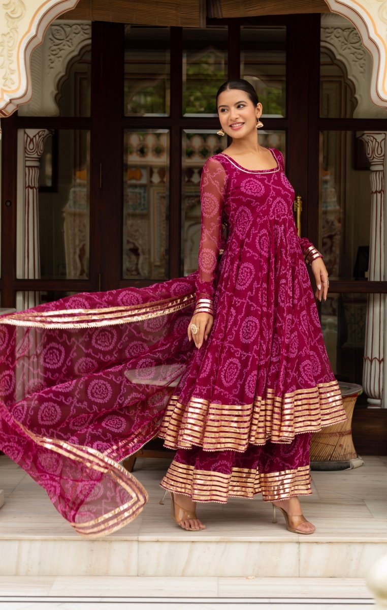 Women's Gulabi Galiyan Plum Bandhej Georgette Gota Patti Anarkali Set With Georgette Dupatta
