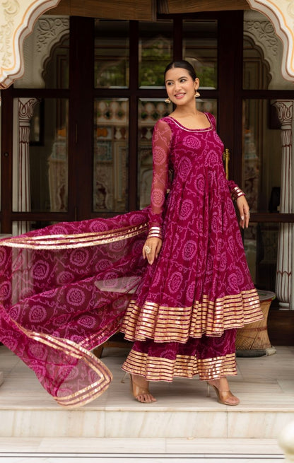 Women's Gulabi Galiyan Plum Bandhej Georgette Gota Patti Anarkali Set With Georgette Dupatta