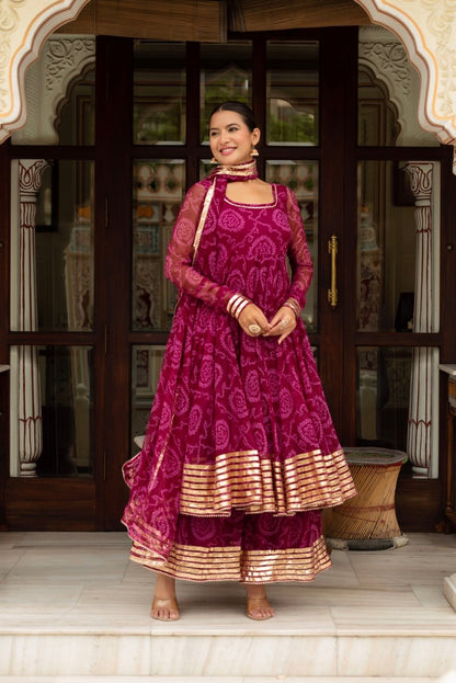 Women's Gulabi Galiyan Plum Bandhej Georgette Gota Patti Anarkali Set With Georgette Dupatta
