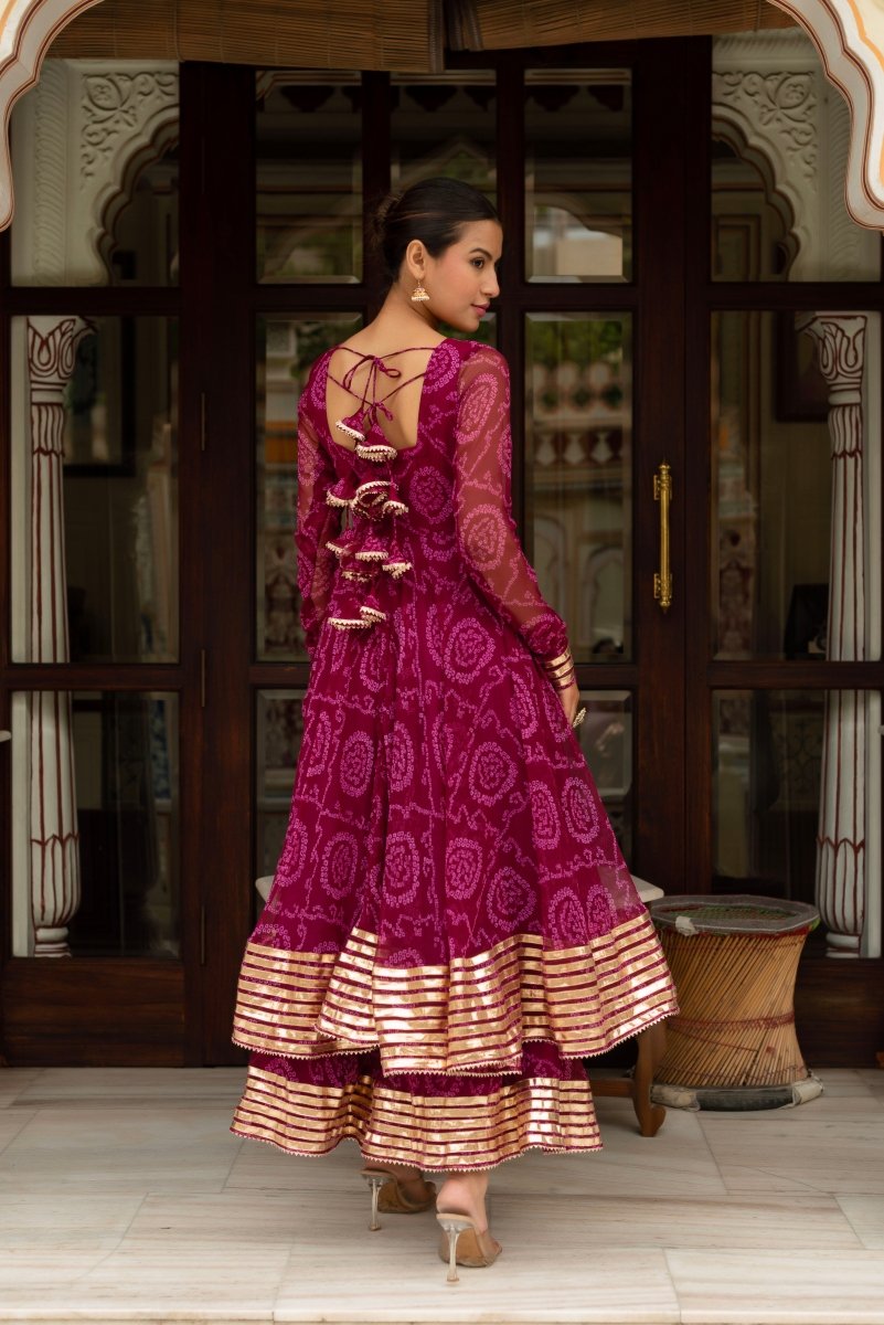 Women's Gulabi Galiyan Plum Bandhej Georgette Gota Patti Anarkali Set With Georgette Dupatta