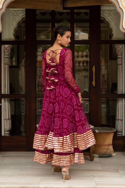 Women's Gulabi Galiyan Plum Bandhej Georgette Gota Patti Anarkali Set With Georgette Dupatta