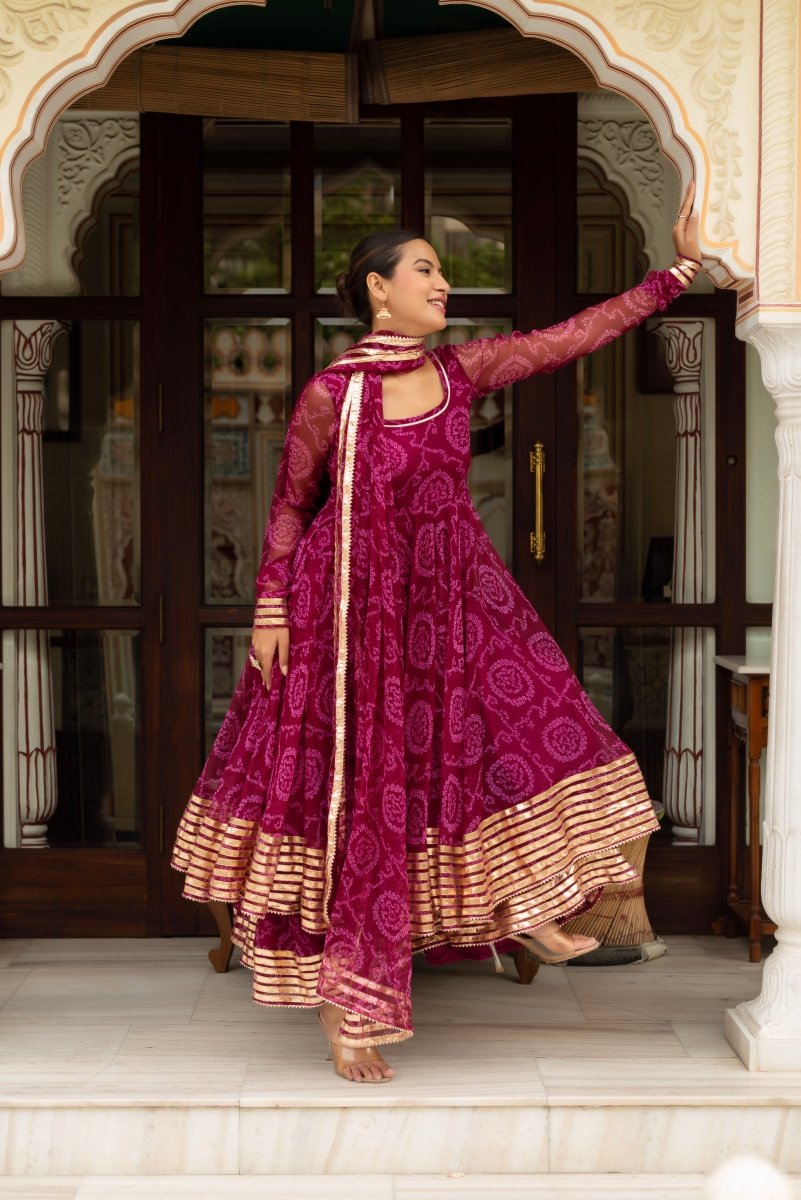 Women's Gulabi Galiyan Plum Bandhej Georgette Gota Patti Anarkali Set With Georgette Dupatta