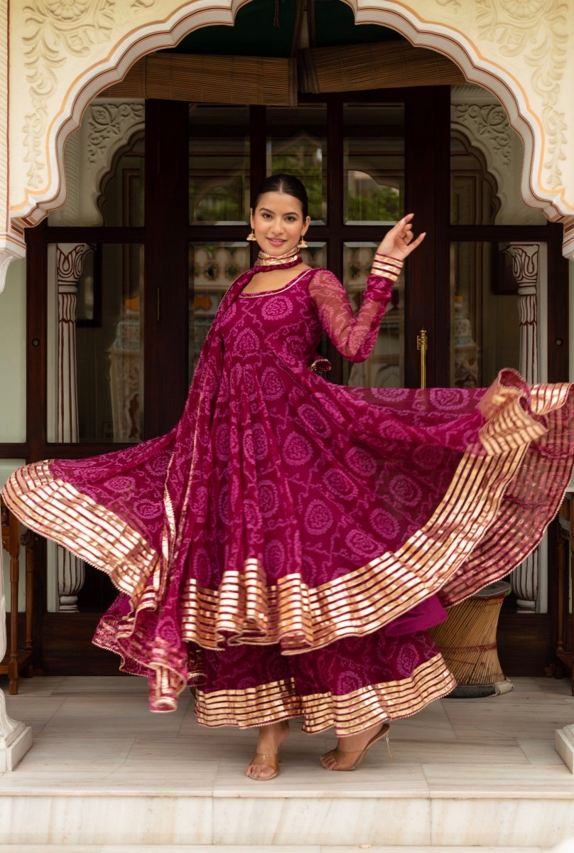 Women's Gulabi Galiyan Plum Bandhej Georgette Gota Patti Anarkali Set With Georgette Dupatta