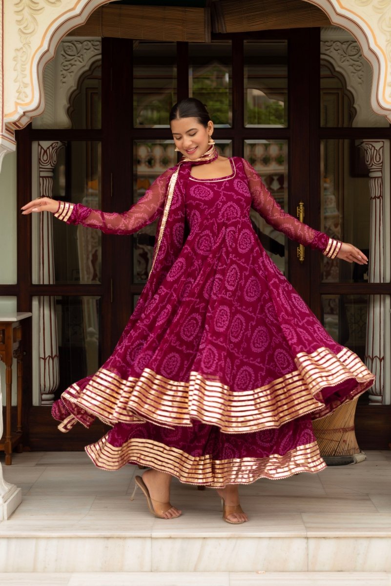 Women's Gulabi Galiyan Plum Bandhej Georgette Gota Patti Anarkali Set With Georgette Dupatta