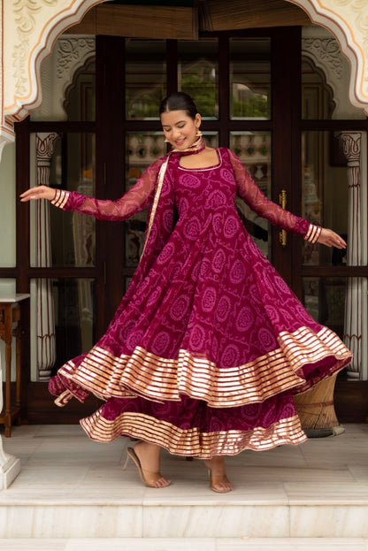 Women's Gulabi Galiyan Plum Bandhej Georgette Gota Patti Anarkali Set With Georgette Dupatta