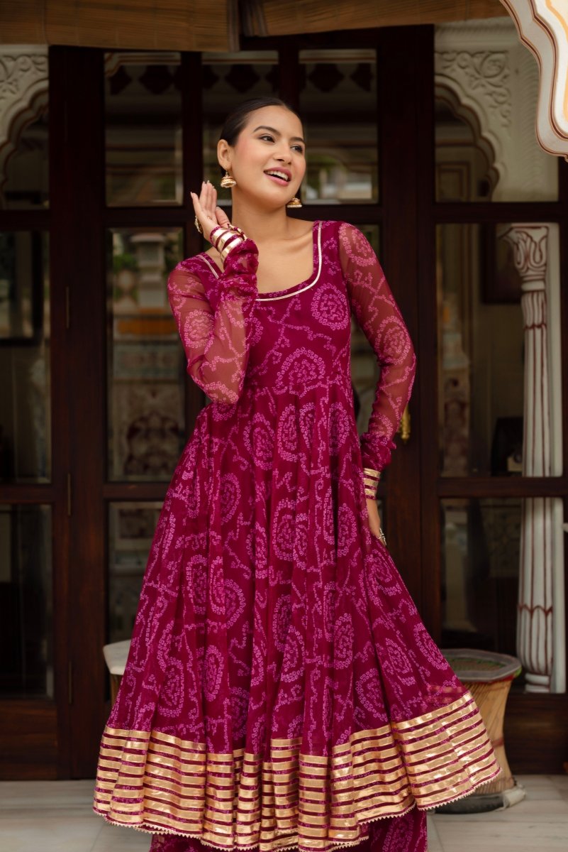 Women's Gulabi Galiyan Plum Bandhej Georgette Gota Patti Anarkali Set With Georgette Dupatta