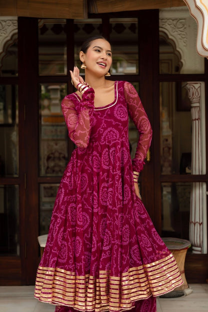 Women's Gulabi Galiyan Plum Bandhej Georgette Gota Patti Anarkali Set With Georgette Dupatta
