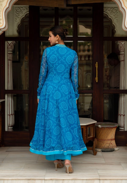 Women's Gulabi Galiyan Rangela Blue Bandhej Georgette Gota Patti Angrakha Set