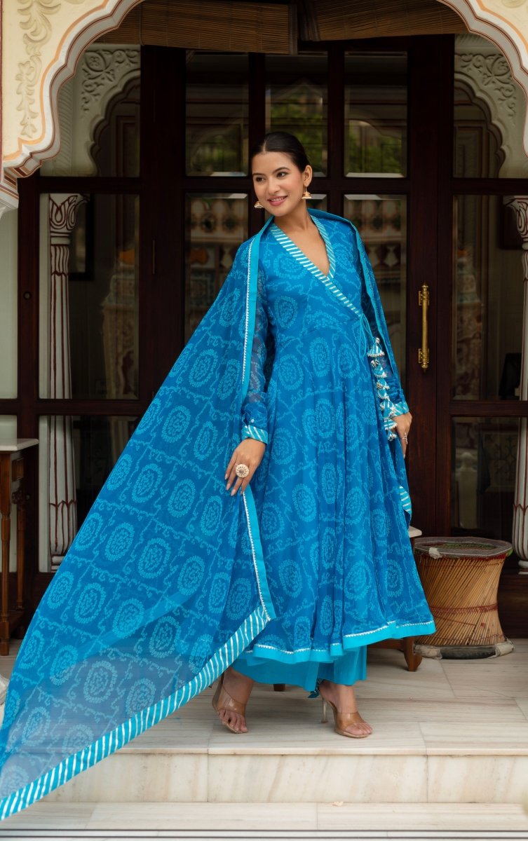 Women's Gulabi Galiyan Rangela Blue Bandhej Georgette Gota Patti Angrakha Set