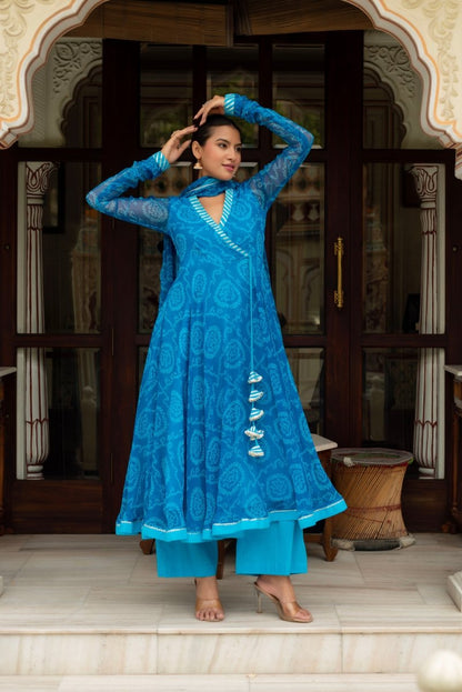 Women's Gulabi Galiyan Rangela Blue Bandhej Georgette Gota Patti Angrakha Set