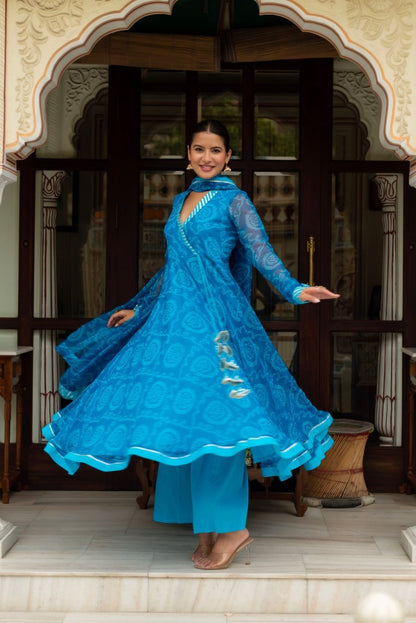 Women's Gulabi Galiyan Rangela Blue Bandhej Georgette Gota Patti Angrakha Set