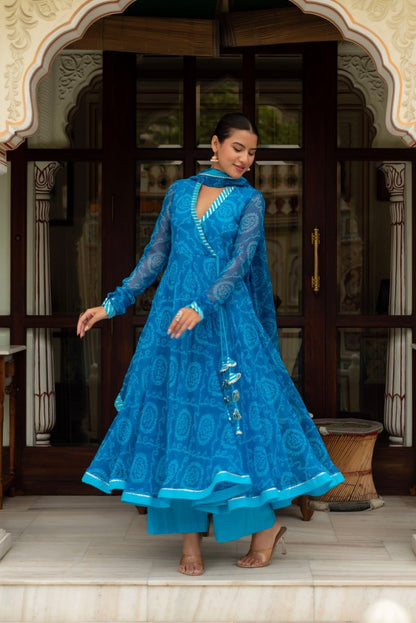 Women's Gulabi Galiyan Rangela Blue Bandhej Georgette Gota Patti Angrakha Set