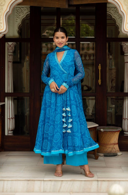 Women's Gulabi Galiyan Rangela Blue Bandhej Georgette Gota Patti Angrakha Set