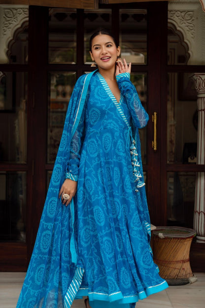 Women's Gulabi Galiyan Rangela Blue Bandhej Georgette Gota Patti Angrakha Set