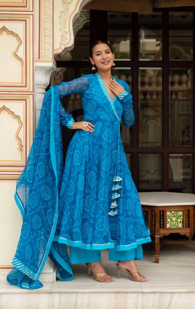 Women's Gulabi Galiyan Rangela Blue Bandhej Georgette Gota Patti Angrakha Set