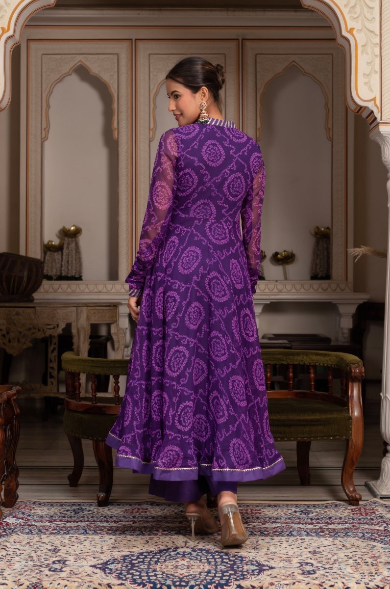 Women's Gulabi Galiyan Rangela Purple Bandhej Georgette Gota Patti Angrakha Set