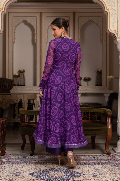 Women's Gulabi Galiyan Rangela Purple Bandhej Georgette Gota Patti Angrakha Set