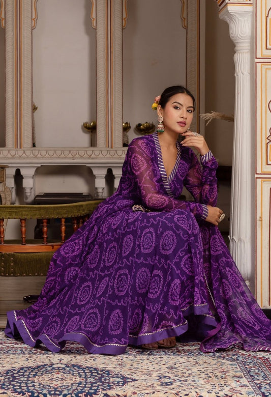 Women's Gulabi Galiyan Rangela Purple Bandhej Georgette Gota Patti Angrakha Set