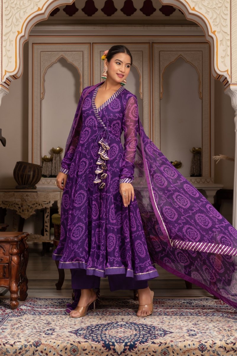 Women's Gulabi Galiyan Rangela Purple Bandhej Georgette Gota Patti Angrakha Set