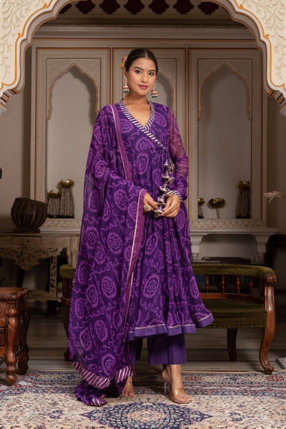 Women's Gulabi Galiyan Rangela Purple Bandhej Georgette Gota Patti Angrakha Set