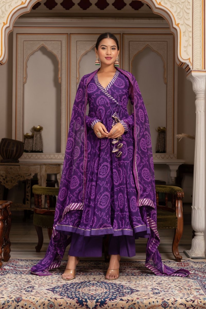 Women's Gulabi Galiyan Rangela Purple Bandhej Georgette Gota Patti Angrakha Set