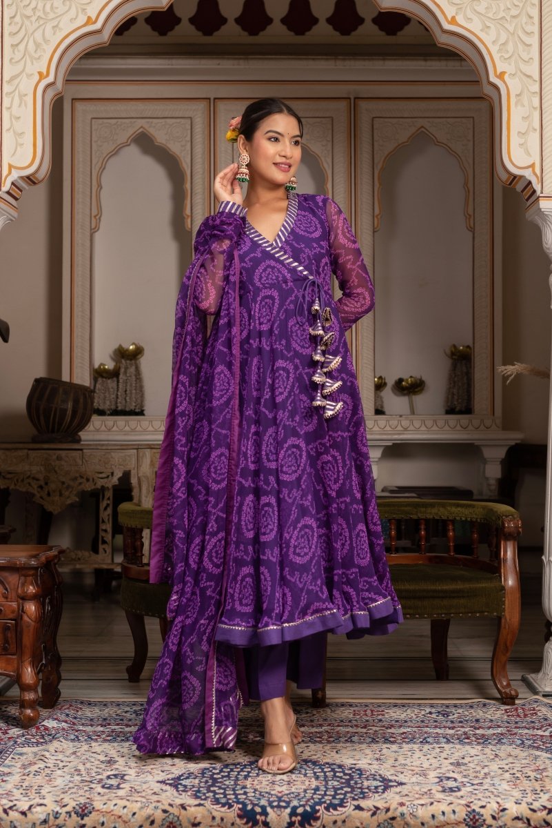 Women's Gulabi Galiyan Rangela Purple Bandhej Georgette Gota Patti Angrakha Set