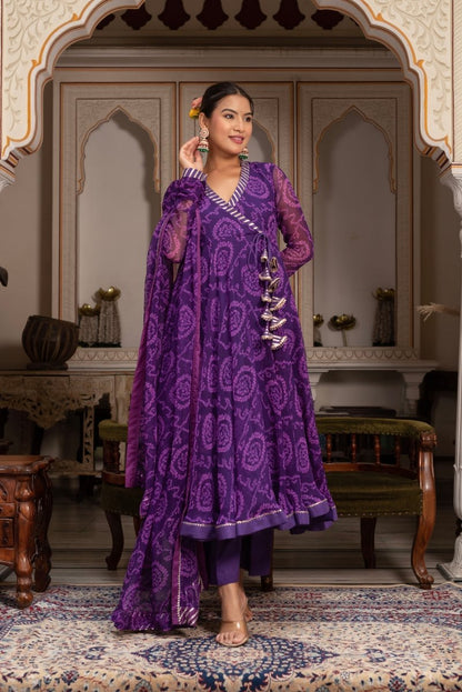 Women's Gulabi Galiyan Rangela Purple Bandhej Georgette Gota Patti Angrakha Set