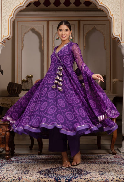 Women's Gulabi Galiyan Rangela Purple Bandhej Georgette Gota Patti Angrakha Set