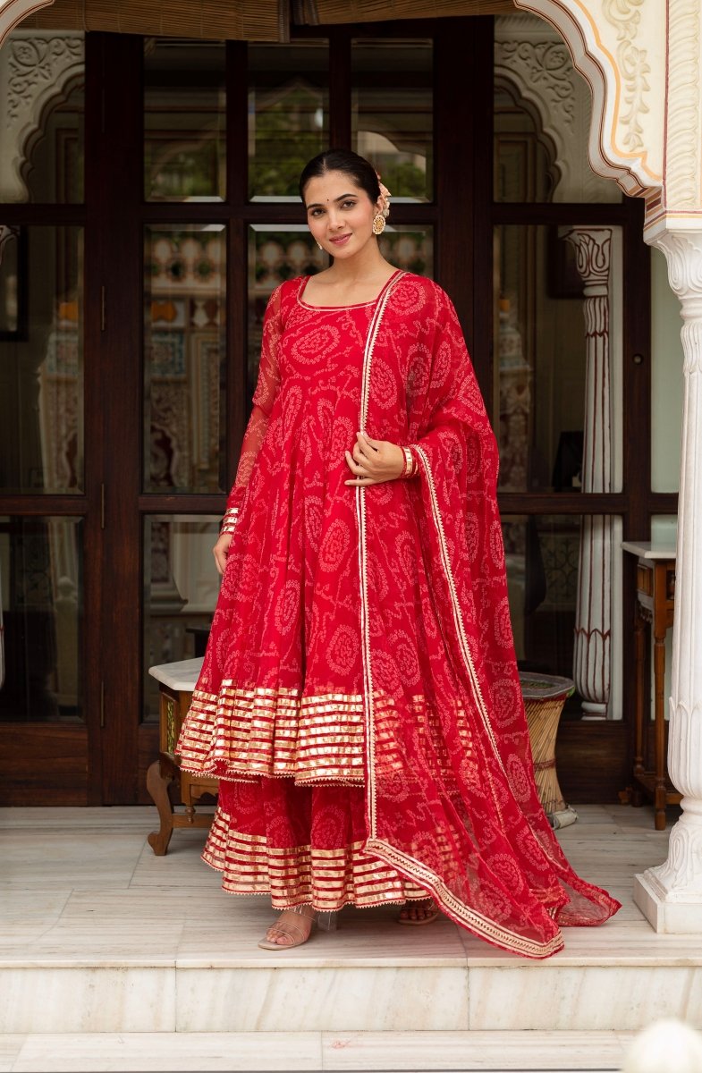 Women's Gulabi Galiyan Red Bandhej Georgette Gota Patti Anarkali Set With Georgette Dupatta