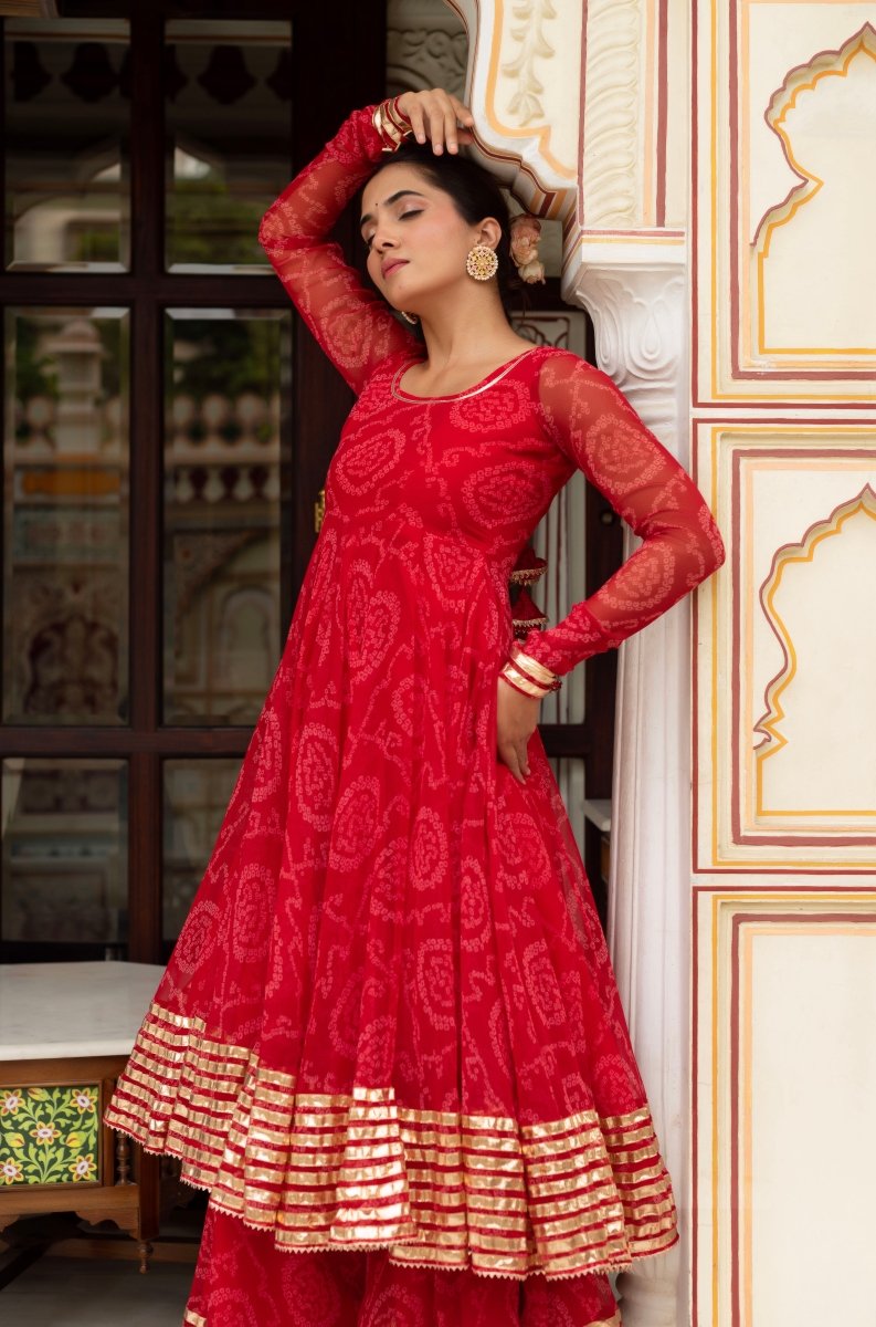 Women's Gulabi Galiyan Red Bandhej Georgette Gota Patti Anarkali Set With Georgette Dupatta