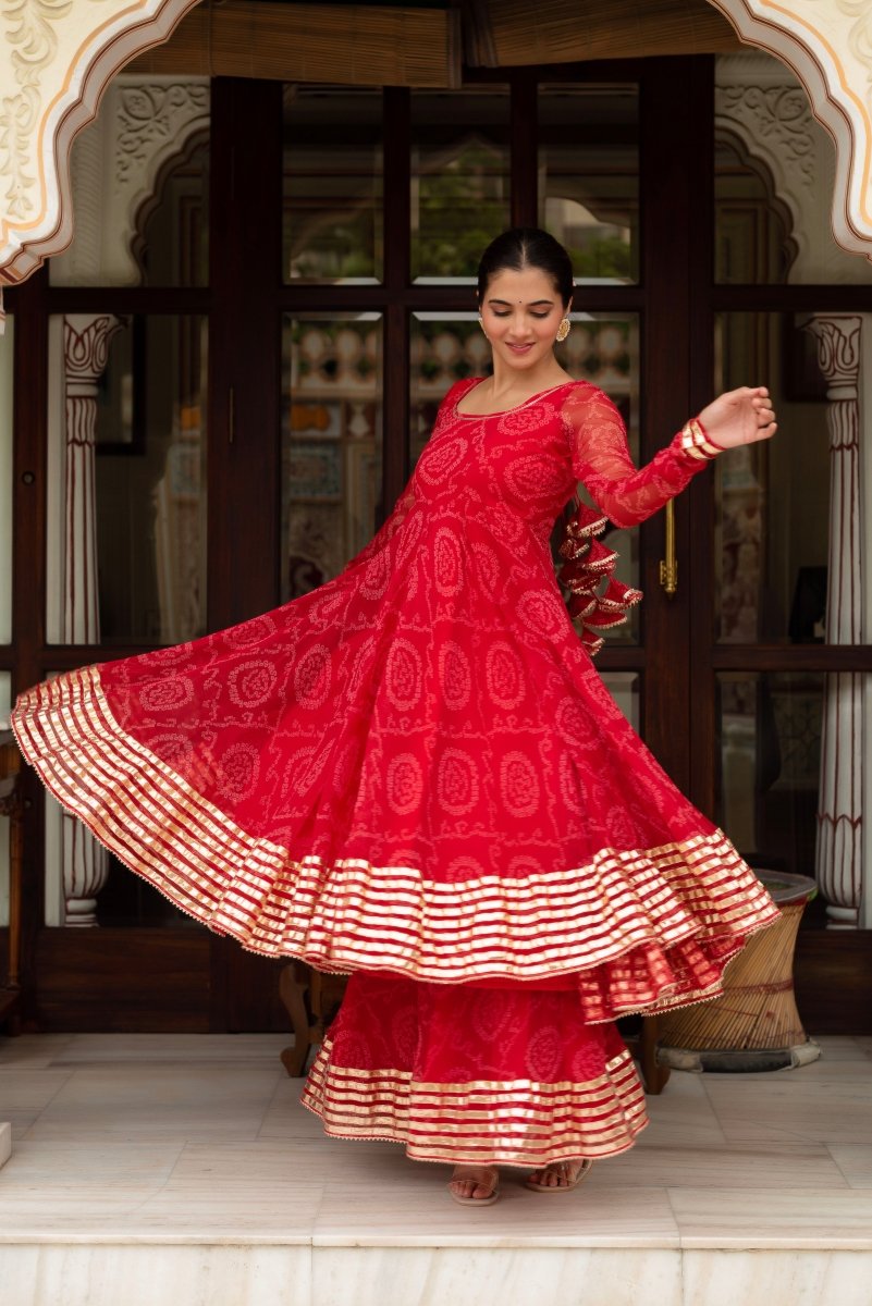 Women's Gulabi Galiyan Red Bandhej Georgette Gota Patti Anarkali Set With Georgette Dupatta