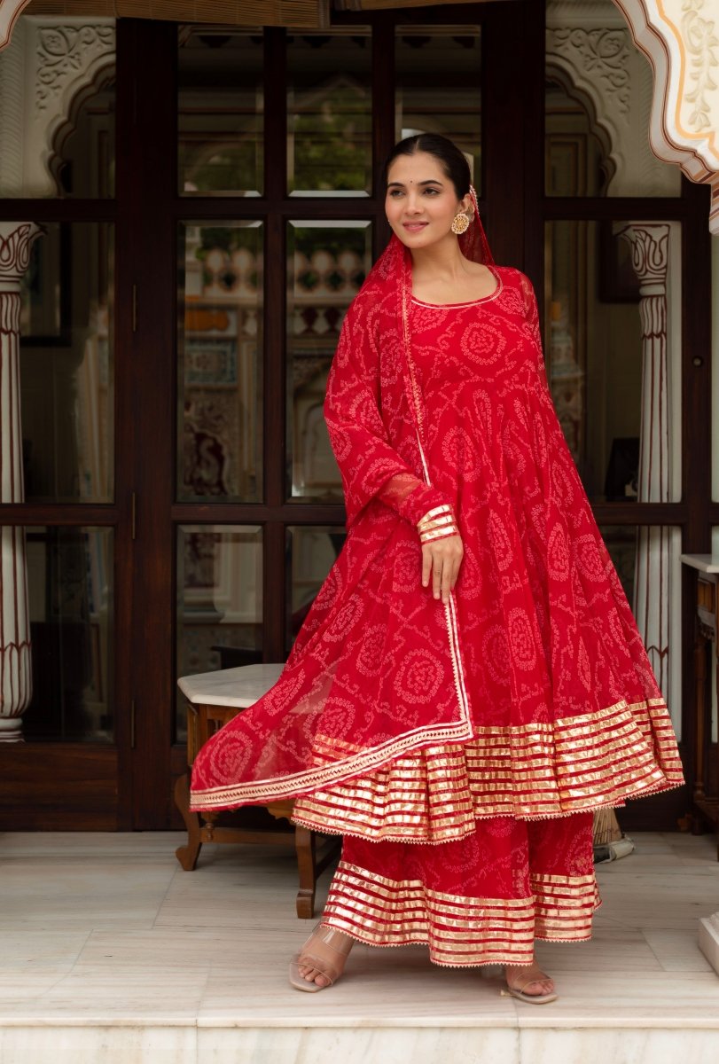Women's Gulabi Galiyan Red Bandhej Georgette Gota Patti Anarkali Set With Georgette Dupatta
