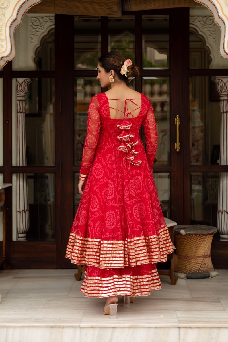 Women's Gulabi Galiyan Red Bandhej Georgette Gota Patti Anarkali Set With Georgette Dupatta