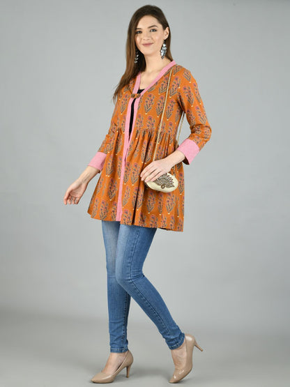 Women's Brown Cotton Printed Full Sleeve V Neck Casual Shrug