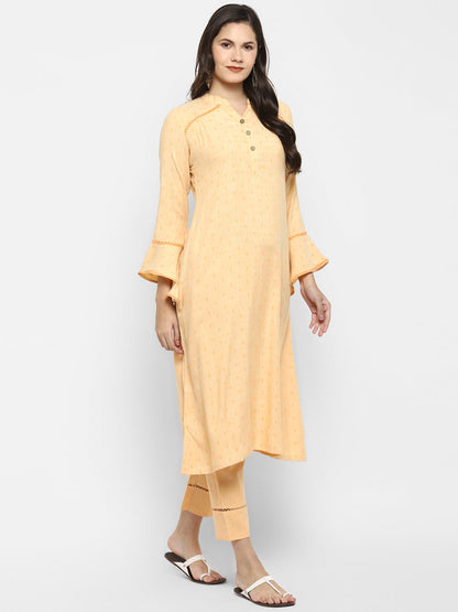 Women's Peach Color Viscose Blend Floral A-Line Self Design Kurta Pant Set
