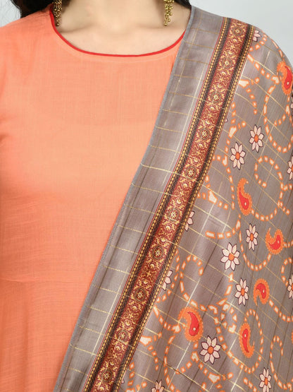Women's Peach Cotton Solid Sleeveless Round Neck Casual Kurta Dupatta Set