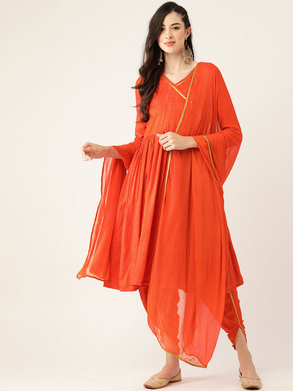 Women's Orange Color Rayon Blend Printed Kurta Dhoti With Dupatta