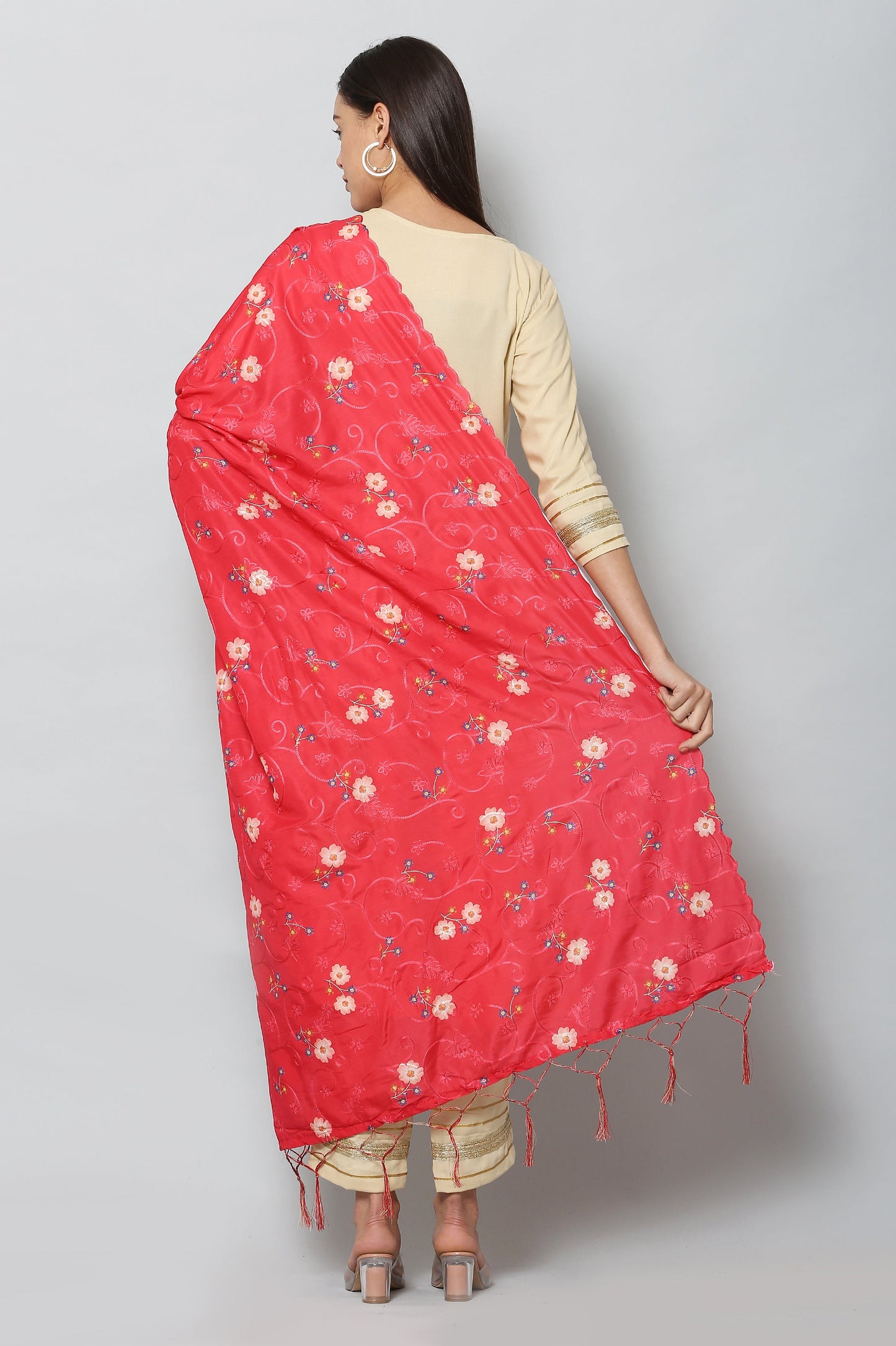 Women's Red Color Art Muslin Embroidery and Digital Printed Dupatta