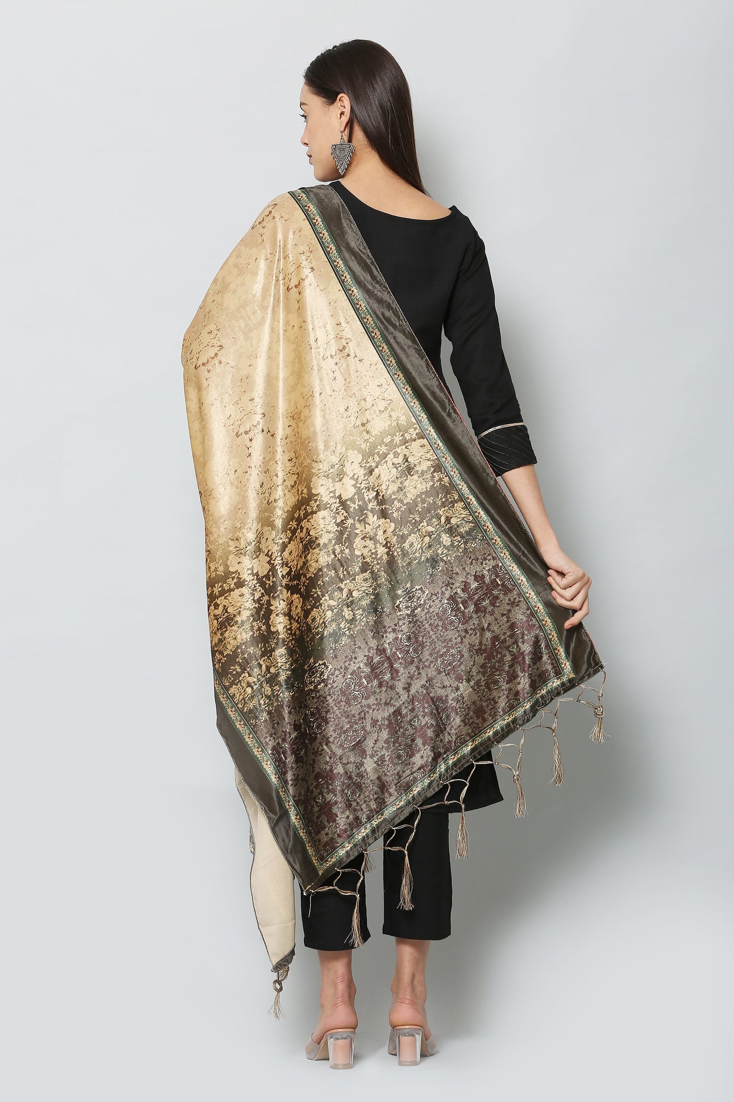 Women's Black & Beige Color Polyster Velvet  Digital Printed Dupatta