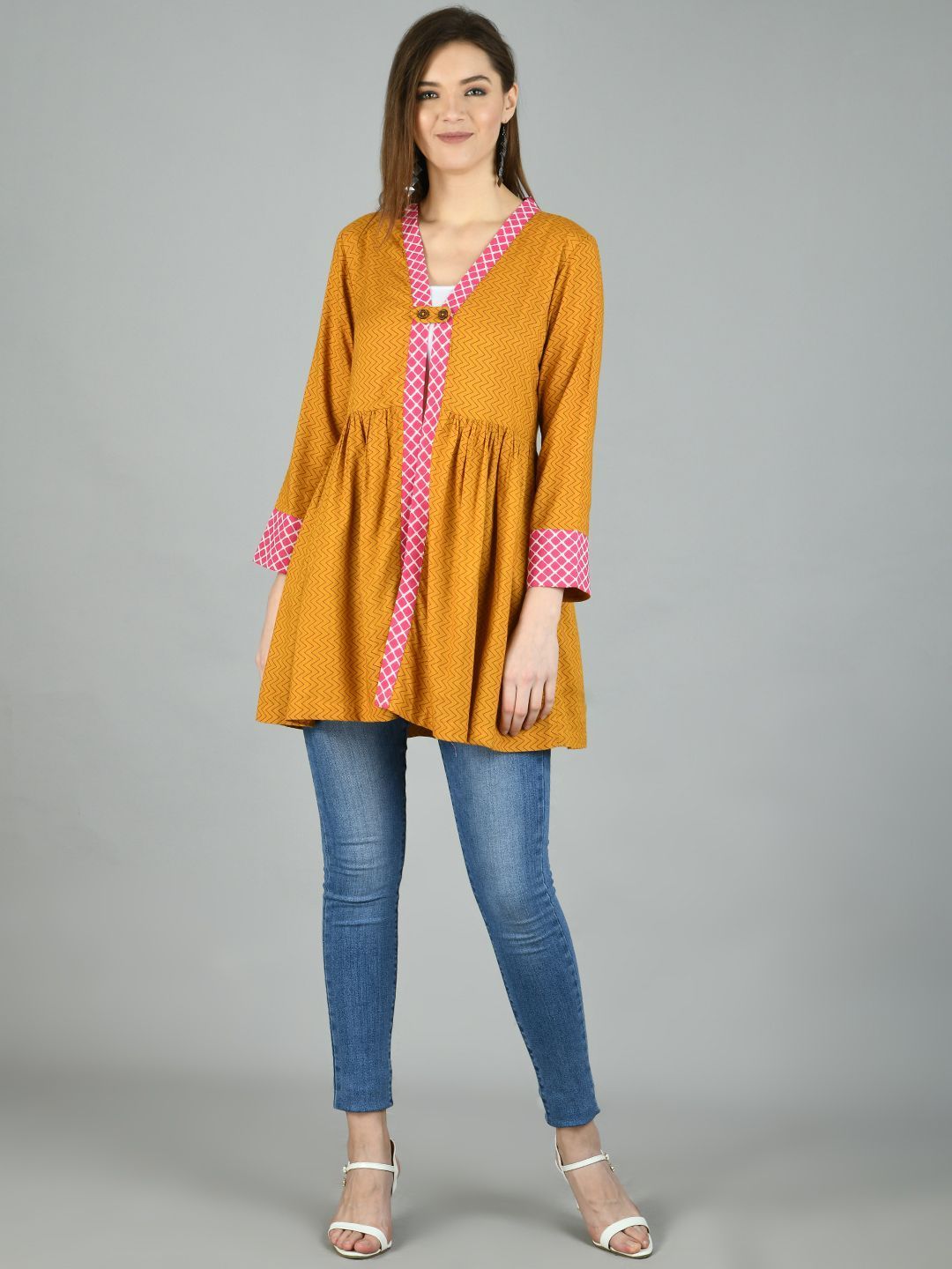 Women's Mustrd Cotton Printed Full Sleeve V Neck Casual Shrug