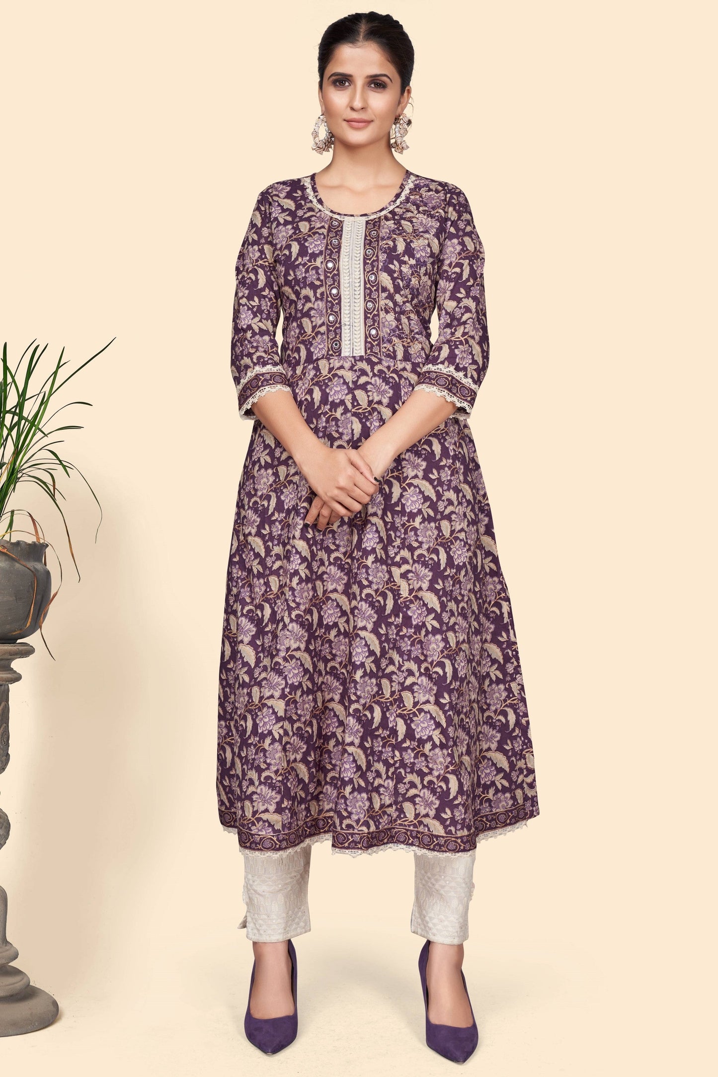 Women's Floral Print A-Line Cotton Purple Stitched Kurta