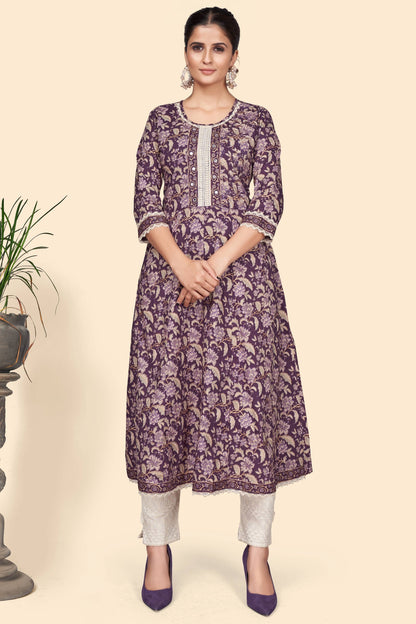 Women's Floral Print A-Line Cotton Purple Stitched Kurta