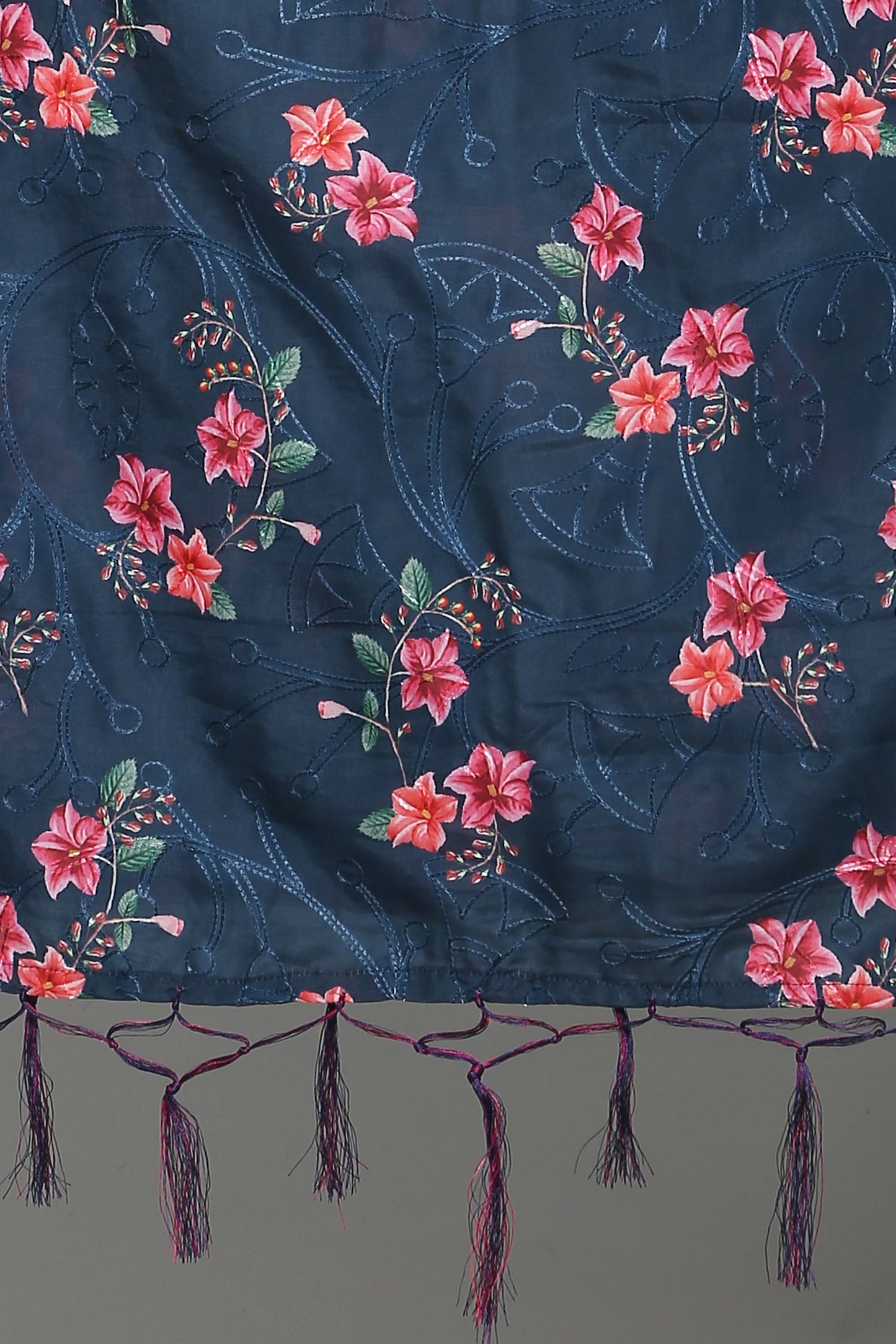Women's Navy Blue Color Art Muslin Embroidery and Digital Printed Dupatta
