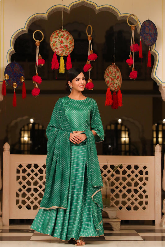 Women's Green Dull Satin Printed Lehenga Choli & Dupatta Set